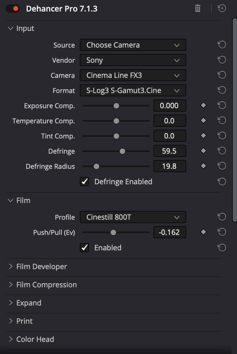 Dehancer Pro Plugin Interface in DaVinci Resolve